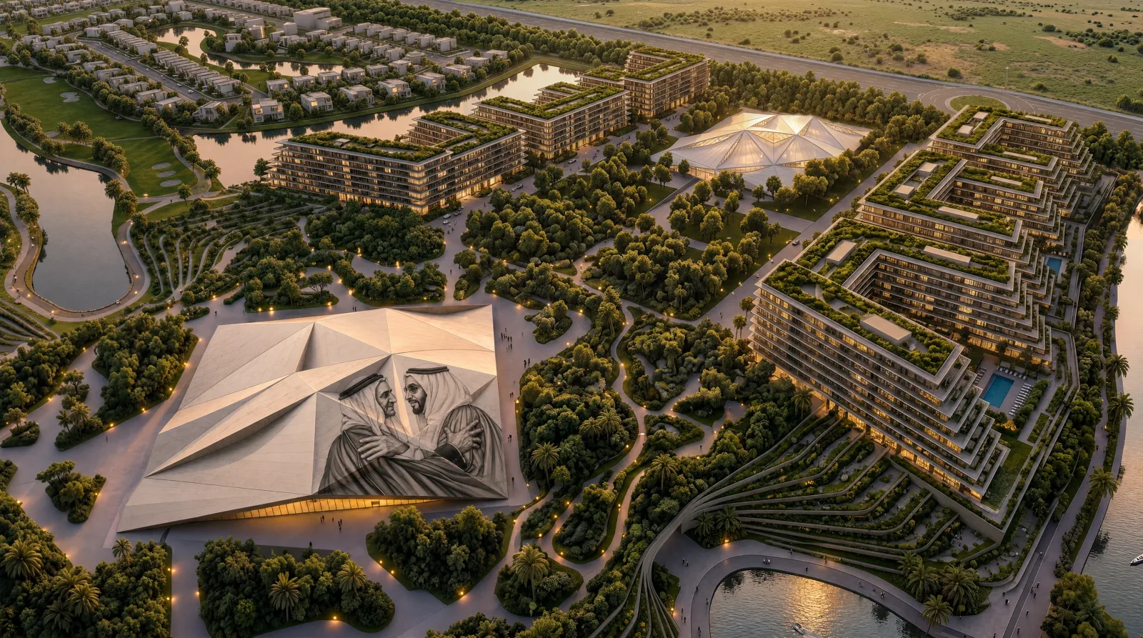 Abu Dhabi Mira Hills from the air at sunset: terraced apartment blocks and villa districts around a lagoon, the faceted cultural pavilion in the foreground and the highway along the far edge