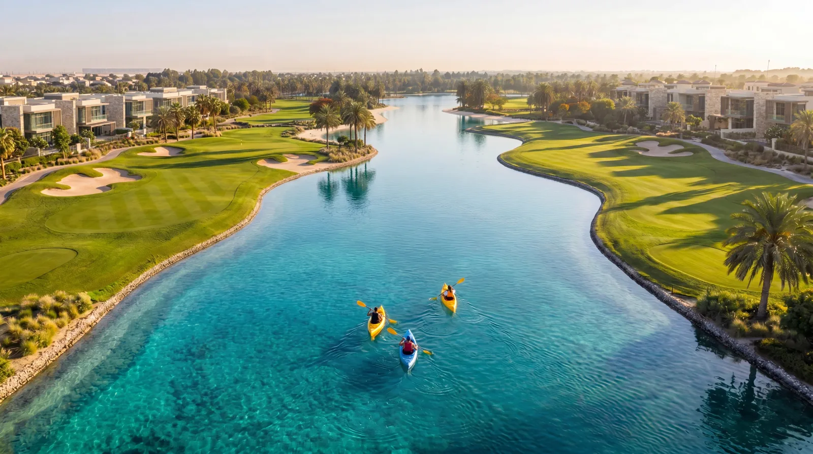 Three kayaks on a turquoise lagoon at Abu Dhabi Mira Hills from the air, fairways and bunkers along one bank and villas along the other