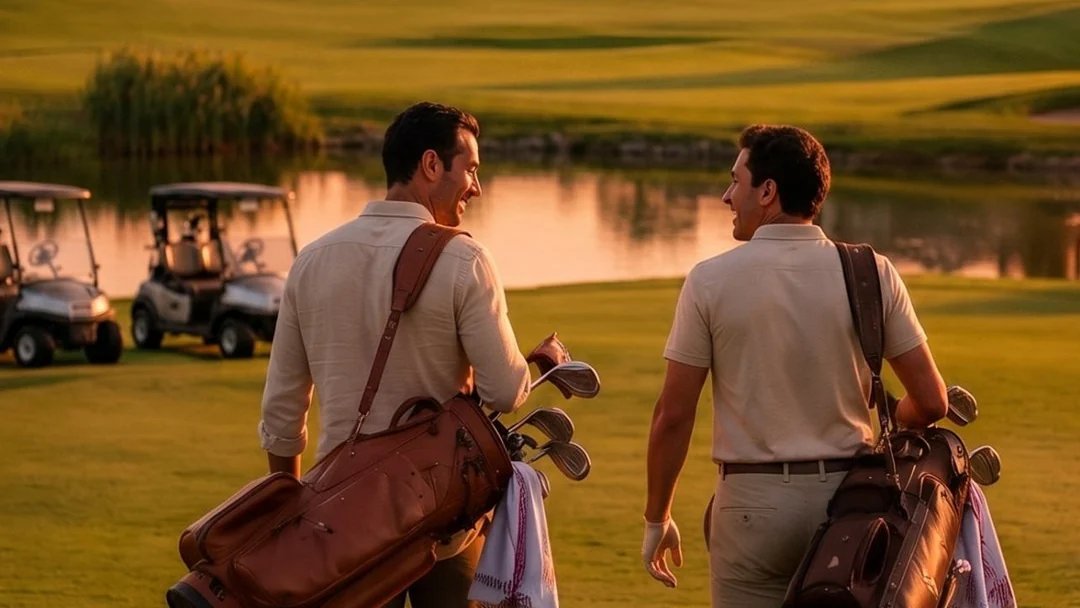 Two golfers walking the course at Abu Dhabi Mira Hills at sunset, bags over their shoulders, buggies parked by the water behind them
