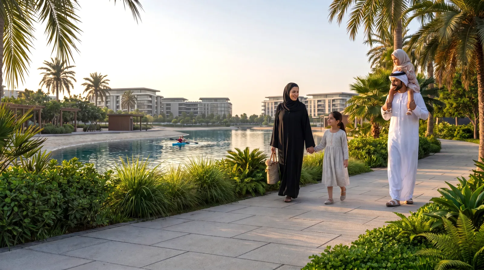 A family walking a paved lakeside promenade at Abu Dhabi Mira Hills, planting on both sides and low apartment blocks across the water