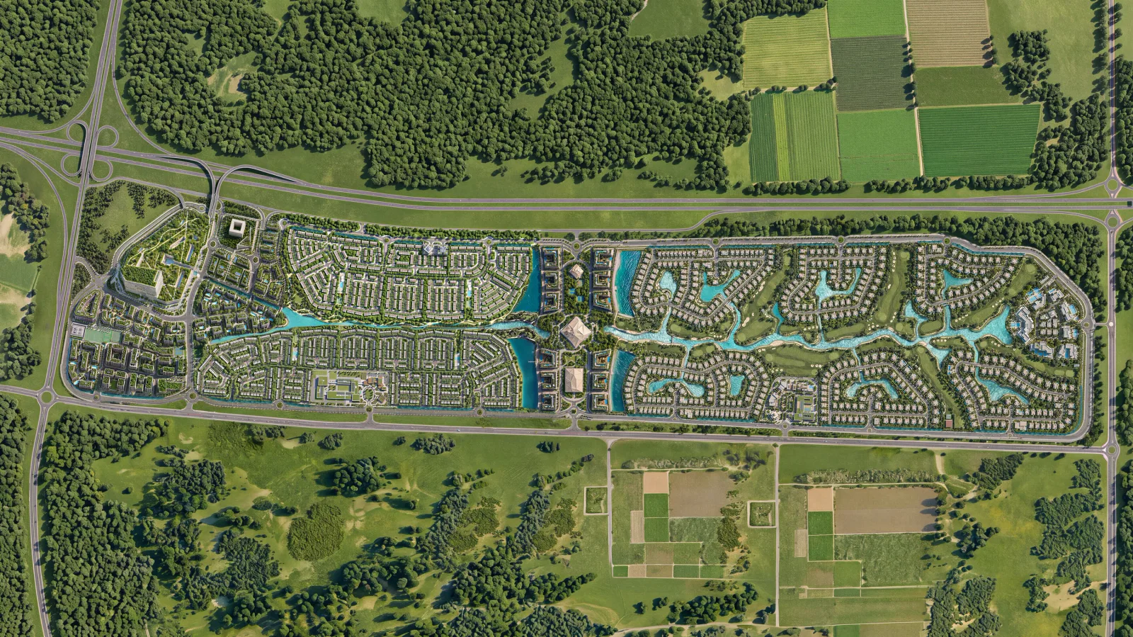 The Abu Dhabi Mira Hills master plan from directly above: a long band of districts and lagoons running beside the highway, farmland and open desert around it