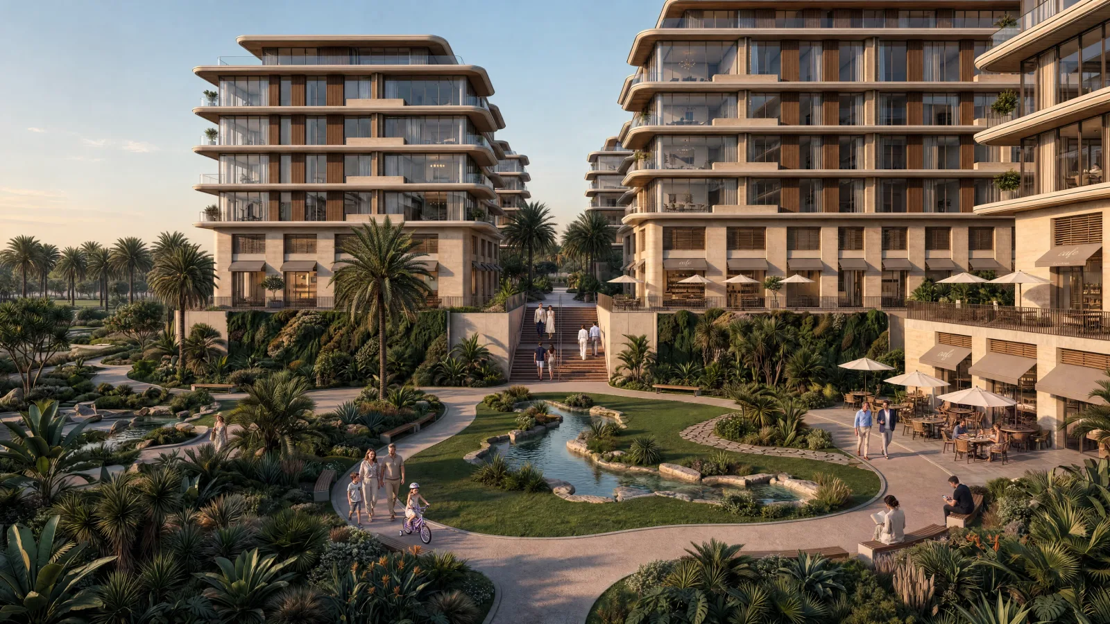A landscaped courtyard between two apartment buildings at Abu Dhabi Mira Hills, a stream and planting below stepped terraces