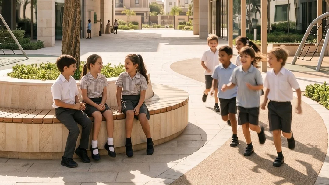 Children in school uniform in a shaded campus courtyard at Abu Dhabi Mira Hills, some sitting on a curved stone bench and others running past